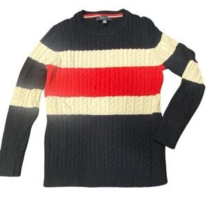 Tommy Hilfiger Women’s Cable Knit Sweater M Navy Red White Stripe 100% Cotton